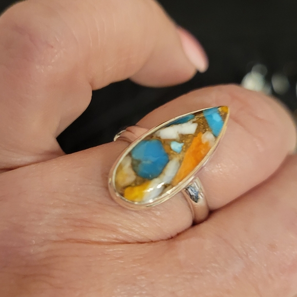 GENUINE Spiny Oyster & Arizona Turquoise 925 Silver Ring Jewelry s.7 - Picture 5 of 11